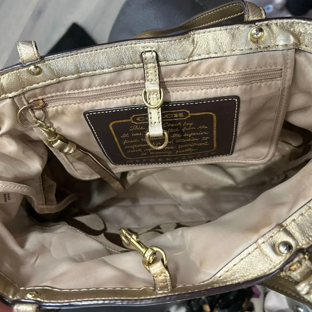 Coach Signature Stripe Tote Khaki Gold Canvas Shoulder bag